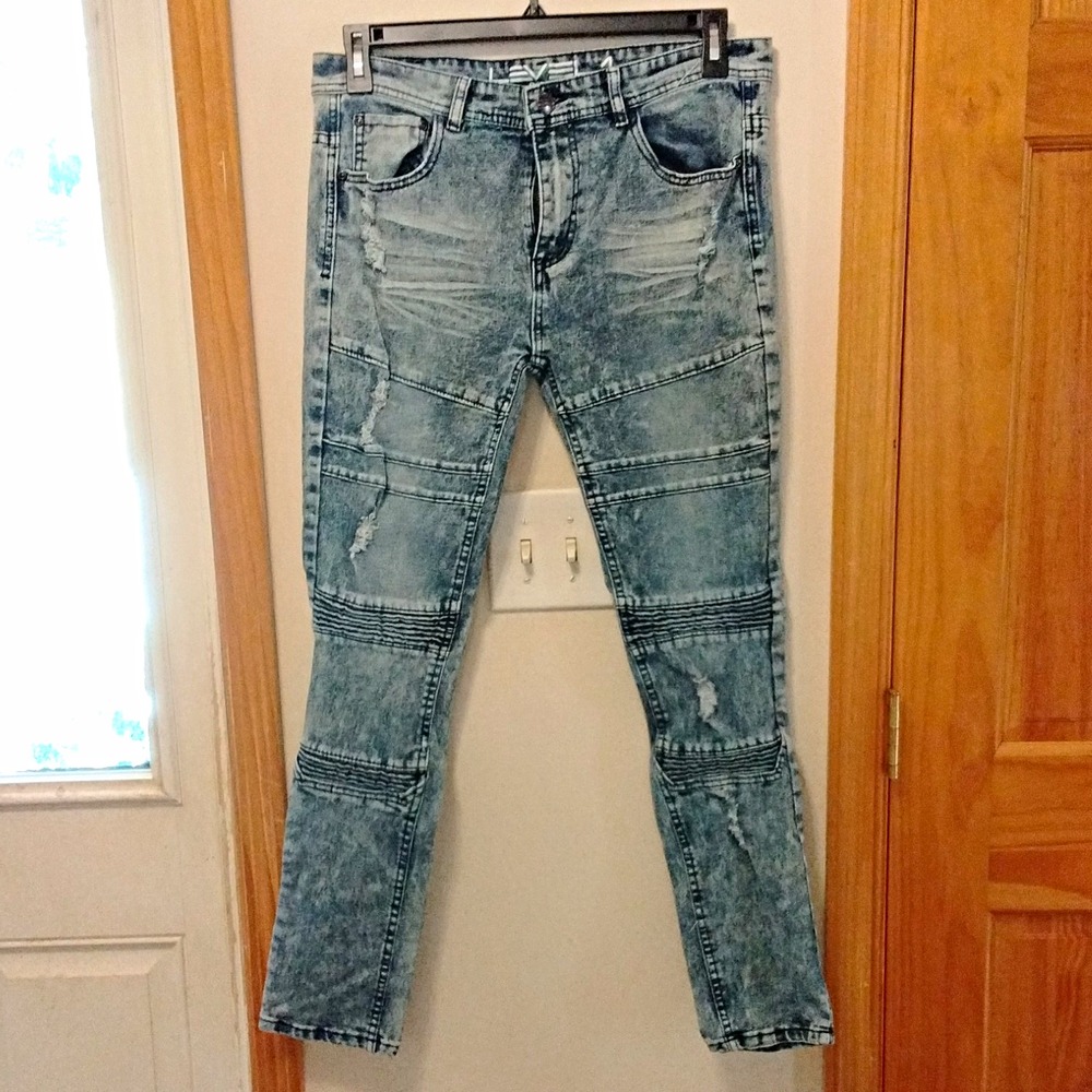 Level 1 Men's Blue Acid Wash Distressed Skinny Slim Fit Stretch Jeans 32
